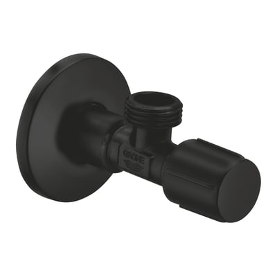 Grohe stopventil i mat sort finish med 1/2" tilslutning og 55mm diameter, vist på hvid baggrund.