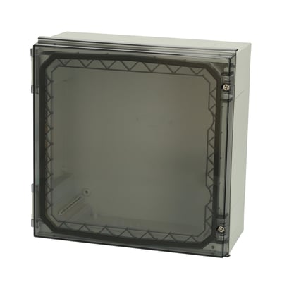 Fibox NEO PC 323215 T-kasse med transparent, mørkt dæksel, vist lukket set skråt forfra.