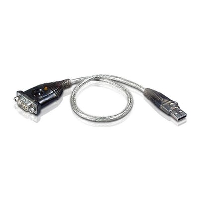 USB til RS-232 konverter med DB9 hanstik og USB Type A hanstik, 100 cm langt, transparent kabel.