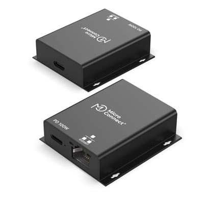 Sort MicroConnect USB-C til RJ45-netværksadapter med Gigabit og 100 W PD, vist fra to vinkler med tilslutningsporte.