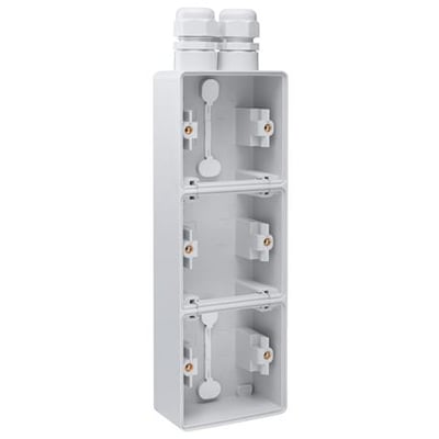 Niko Hydro stænktæt underlag i grå plast med 3 lodrette moduler og to M20-indgange med kabelforskruninger øverst.