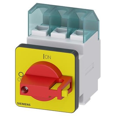 Siemens 3-polet nødafbryder med 25A AC-3, 400V og 7,5KW, vist med rødt/gult drejegreb og klar plastafdækning.