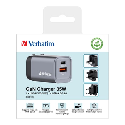 Verbatim GNC-35 GaN oplader i grå med 1 x USB-C PD 35W og 1 x USB-A QC 3.0 port.