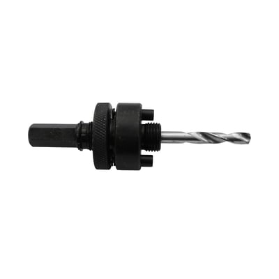 Diesella hulsavsholder med 6-kantet skaft og 7/16" gevind, komplet med pilotbor på hvid baggrund.