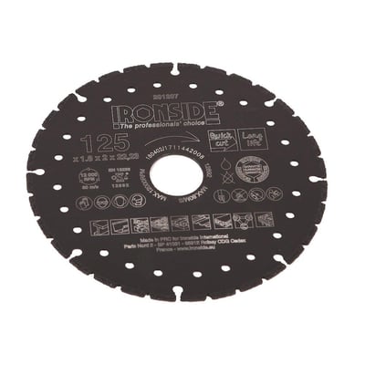 Ironside Rescue diamantklinge på 125 mm med sort, rund skive, mange huller og segmenteret skærekant.