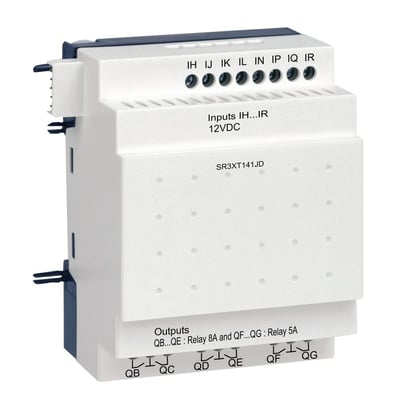 Schneider Electric Zelio udvidelsesmodul med 14 I/U, 12VDC, med tydeligt mærkede indgange og udgange på hvid baggrund.