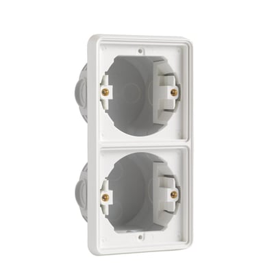 Niko indmuringsdåse 2-modul lodret hvid, vist forfra med fokus på de to monteringsrum med skruehuller.