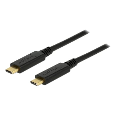 Sort DeLOCK USB-C-kabel med USB-C-stik i begge ender, vist skråt så stik og kabel ses tydeligt.