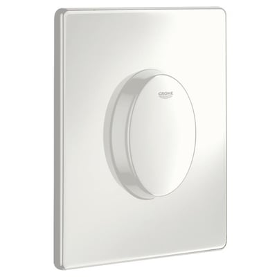 Grohe Skate Air betjeningsplade i alpinhvid, set fra siden med let vinkel, viser den elegante, buede trykflade.