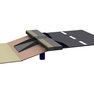 Ulefos 315 mm karm med sideindløb og justerbart vandbræt monteret ved en vejbane og et regnbed. Karm i sejjern med belastningsklasse D400.