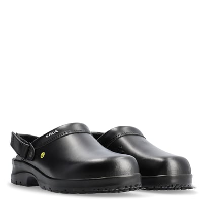 Sika Footwear Fusion Clog Tøffel i sort str. 35, med hælrem og synligt Sika logo, fremstillet af Permair læder.