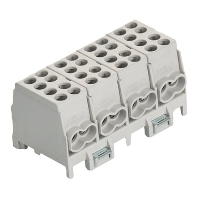 HLAK klemme grå med 4 indgange og 4 udgange, designet til både kobber- og aluminiumsledere op til 25 mm². Klemmen er lavet af plast og har metal skruer.