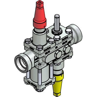 Danfoss Ventilstation ICF 20-4-10RA med 32mm svejsestuds, stålhus og gul beskyttelseshætte. Den har et bredt temperaturområde på -60 til 120 grader.