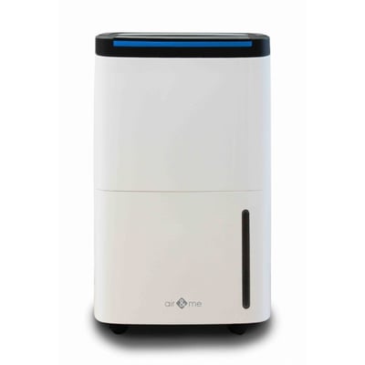 Air&Me Rohan affugter i hvid med sort top og blå lysdetalje, står på hvid baggrund.