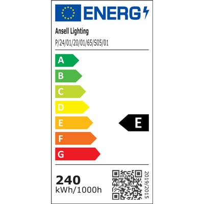 Energimærke for Ansell Lighting LED bånd, der viser energiklasse E på en skala fra A-G, med 240 kWh/1000h.