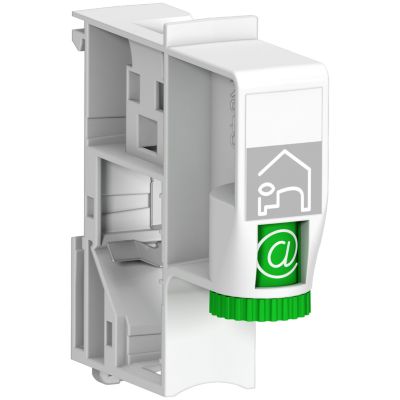 Lauritz Knudsen Lexcom Home Fixcon holder til én S1 konnektor i hvid plast med grønne detaljer og et '@' symbol.