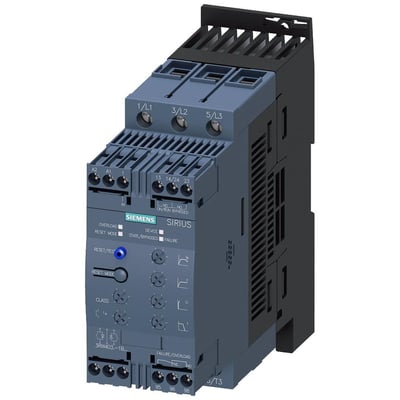 Siemens SIRIUS softstarter S2 63A med 37kW effekt, viser kontrolknapper, LED-indikatorer og skrueklemmer.