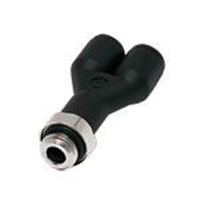 Legris vridbart Y-stykke fra Parker Hannifin, sort teknisk polymer, med Ø6 mm rørkobling og G1/8" BSPP gevind.