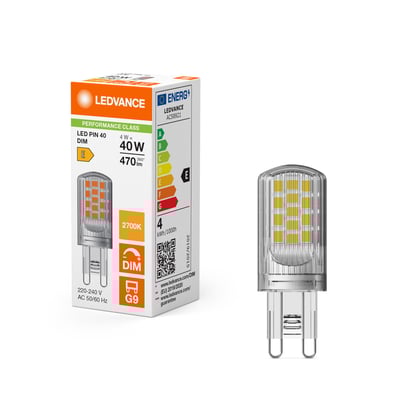 Ledvance LED PIN lyskilde klar, 4W, 470lm, 2700K, dæmpbar, G9 sokkel, vist sammen med produktpakken.