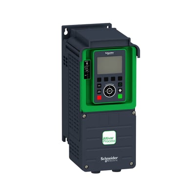 Schneider Electric Altivar Process frekvensomformer, 1.5kW, med grønt kontrolpanel og grå kabinet, monteret på en hvid baggrund.