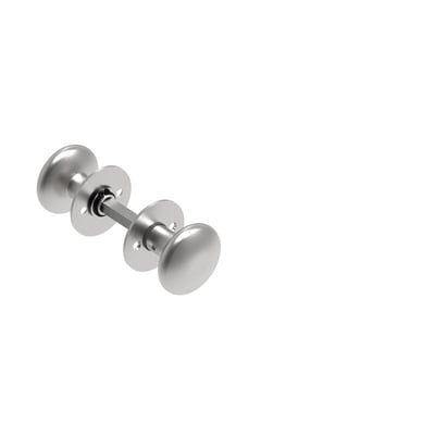 Randi drejbar dørknop i børstet rustfrit stål med 2 mm massive rosetter og synlig dørgrebspind på hvid baggrund.