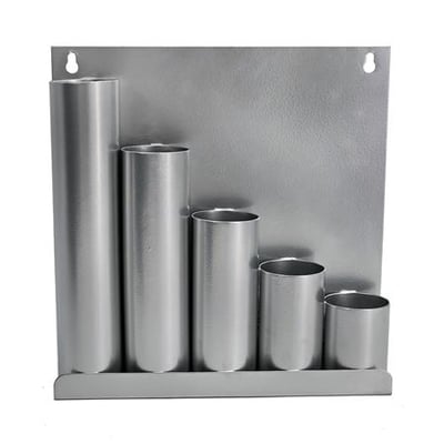 Metalbeholder med fem cylindriske rum i varierende højder til opbevaring af kabelbindere.