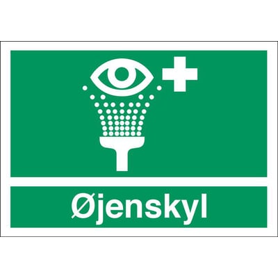 Henvisningsskilt 'Øjenskyl' i A5 størrelse, med symbol for øjenskylning og hvidt kryds på grøn baggrund.