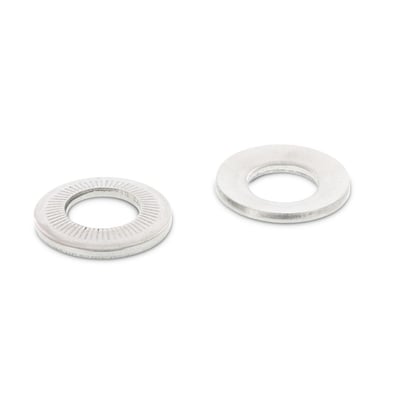 To rustfri stål AFNOR skiver, form M, vist isoleret på hvid baggrund. Den ene skive har et takket mønster.