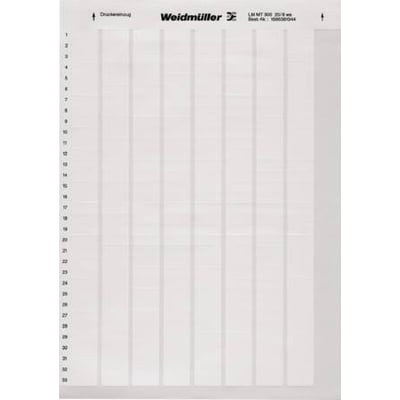 Weidmüller polyestermærker LM MT300, 20,32x8,46mm hvide, mærket med tal fra 1 til 32 langs venstre side.