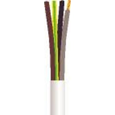 Hvidt H05VV-F plastkabel, 4G1 mm² og 50 meter, med afisoleret ende og synlige farvede ledere.