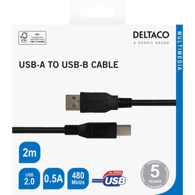 Deltaco USB-B 2.0-kabel i sort, vist på emballagen med USB-A- og USB-B-stik samt længden på 2 meter.