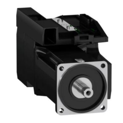 Schneider Electric servo-integreret motor på 100 mm med 1,9KW, IP54 og 400 V, vist fra siden med aksel og monteringsflange.