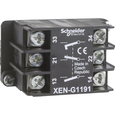Nærbillede af Schneider Electric XENG1191 kontaktelementet med mærkninger og skrueterminaler, viser 2NO og 1NC kontakter.