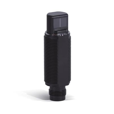 Omron E3RA-DP21 fotoelektrisk sensor med M18 gevind, radial type, sort plastkabinet og M12 stik.