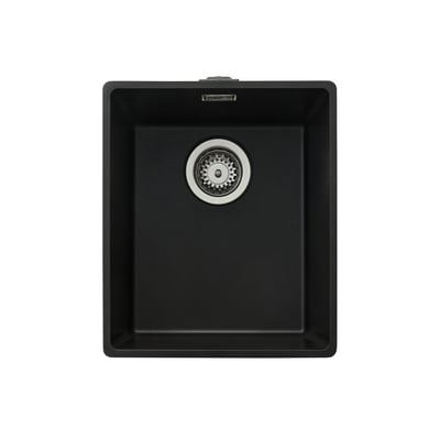 Secher Aalborg 340 køkkenvask i sort granitek med manuel kurveventil og afløb på hvid baggrund.