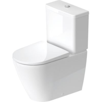 Komplet Duravit D-Neo toilet med cisterne, vist med lukket toiletsæde i hvidt porcelæn med P-lås.