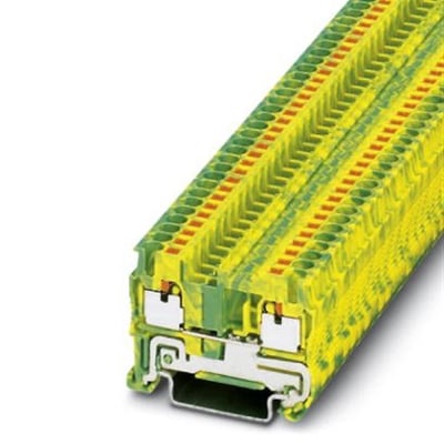 Detaljeret vinkel af Phoenix Contact Jordklemme PT 2,5-PE, der viser push-in tilslutningsmekanismen og 2,5mm² kapacitet.