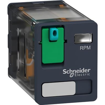 Schneider Electric effektrelæ RPM 15A, 12VDC med 2 C/O kontakter og tydeligt mærket "RPM" på fronten.