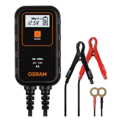 Osram BATTERYcharge 904, en smart 4A batterilader til 6V/12V køretøjer, vist med klemmer og ringterminaler.