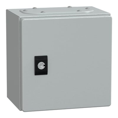 Lukket Schneider Electric CRN metal vægskab i RAL7035, 200x200x150mm, med synlig låsemekanisme og Schneider Electric logo.