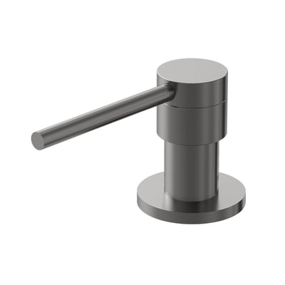 Lavabo Kubus sæbedispenser i PVD-behandlet rustfrit stål med gunmetalfinish, set skråt forfra med lang pumpearm.