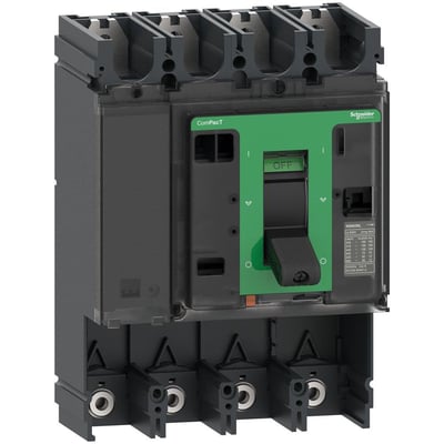Detaljeret billede af Schneider Electric Maksafbryder NSX400S, viser mærkater med tekniske specifikationer og den tydelige grønne afbryder.