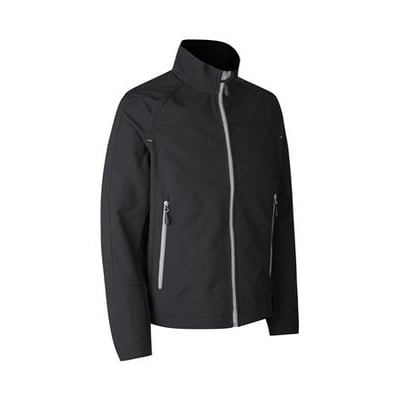 ID Identity sort softshell jakke til herrer i størrelse L, med lynlås og sidelommer, fremstillet i tre-lags ID Tech® kvalitet.