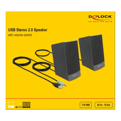 DeLock USB Stereo 2.0 højtalere med volumenkontrol, sort, med 3.5 mm jack og USB-stik på gul baggrund.