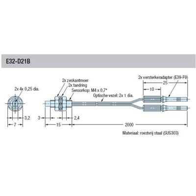 Omron E32-D21B fiberoptisk sensorhoved med dimensionstegninger, viser M4 cylindrisk aksial sensorhoved, 2 meter kabel og forstærkeradaptere.