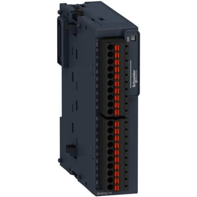 Schneider Electric TM3-modul AI4 med 4 analoge indgange, 12 bits, og fjederklemmer til 24V strømforsyning.