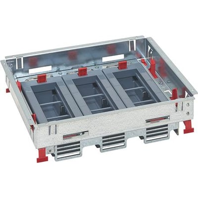 Legrand gulvboks support flex med horisontal højdejustering til 3x6 moduler, lavet af galvaniseret metal med grå plastindsatser.