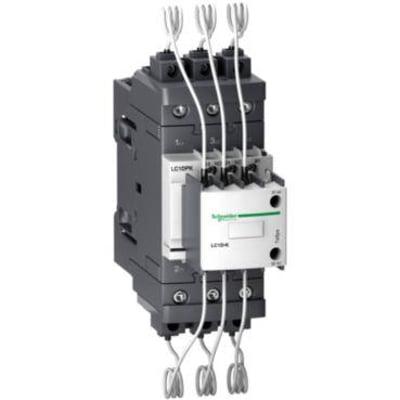 Schneider Electric kontaktor til kobling af 3-faset kondensatorbank, 30 kVAR, 400V, med 230VAC spole, vist med ledningsforbindelser.