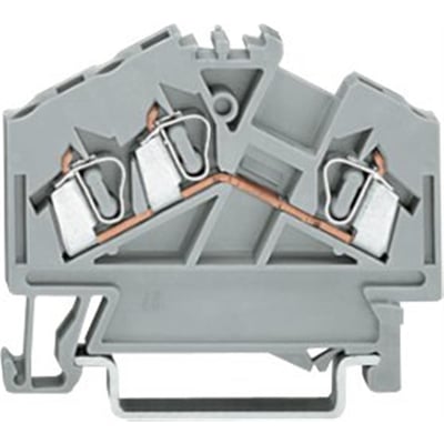 Detaljeret vinkel på Wago gennemgangsklemme 3P, 2,5mm2, der viser CAGE CLAMP-tilslutning og TS 35 skinnefastgørelse.