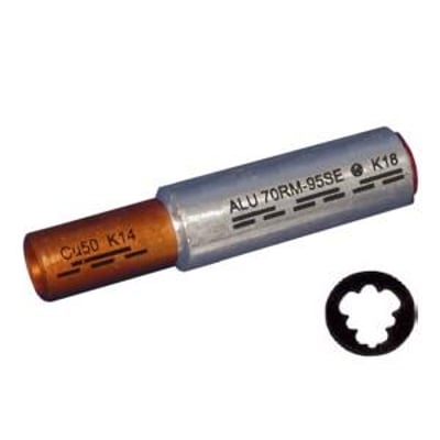 Elpress DIN 46235 Al/Cu-pressemuffe AKS35-35DIN-PR, 35/50mm2, viser en kobberende og aluminiumende med markeringer.